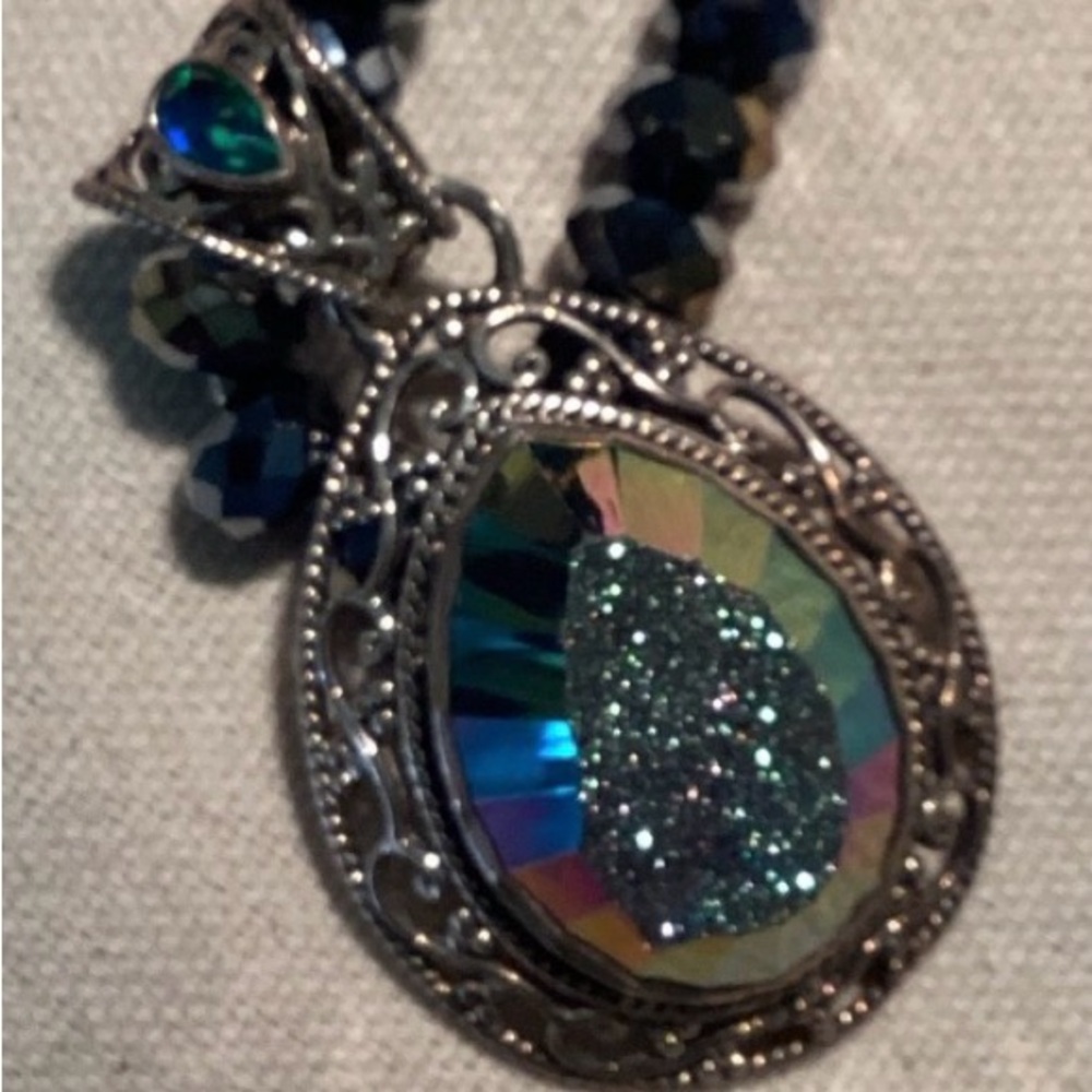 Sajen silver vintage scrollwork druzy faceted AB glass beads pendant necklace